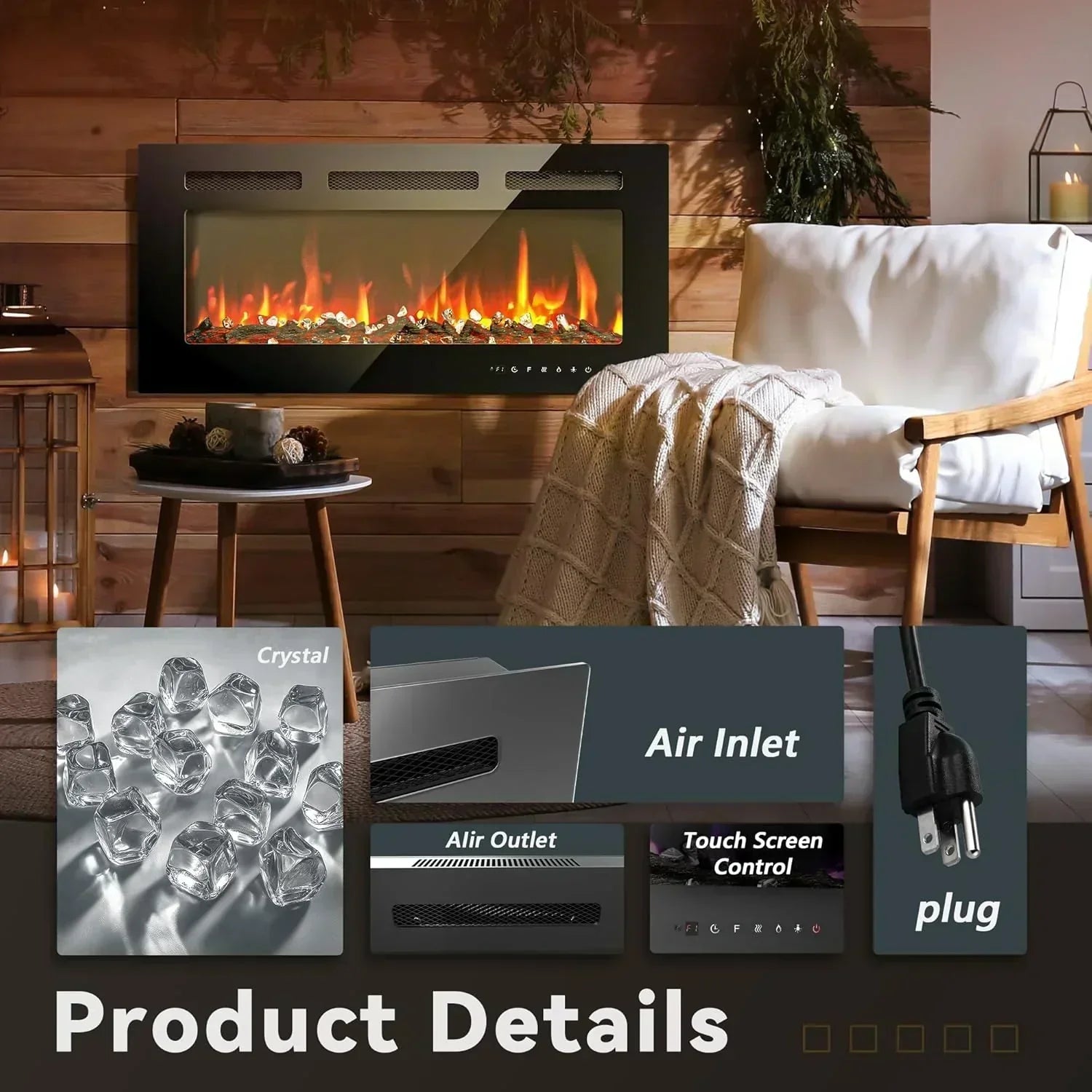 EUHOMY 50 Inch Electric Fireplace Wall Recessed Adjustable Flame Color Fireplace Heater wourant