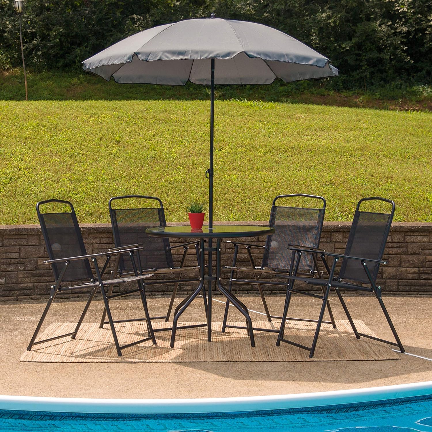 EMMA + OLIVER 6 Piece Brown Patio Garden Set with Umbrella Table Set of 4 Folding Chairs wourant