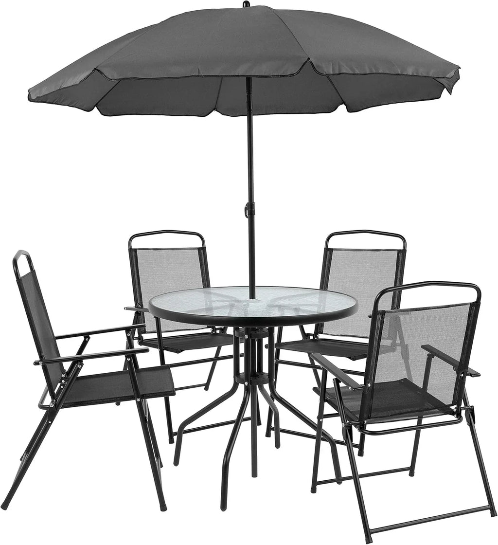 EMMA + OLIVER 6 Piece Brown Patio Garden Set with Umbrella Table Set of 4 Folding Chairs wourant
