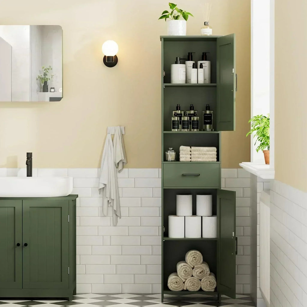 Homhedy 67" H Tall Bathroom Storage Cabinet with 2 Barn Doors and 1 Drawer Narrow Storage Unit wourant