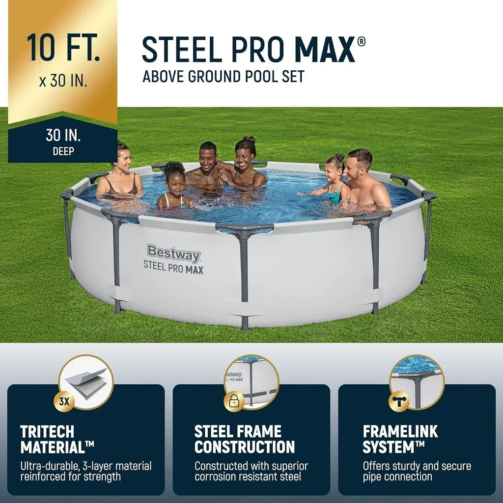 Steel Pro MAX 10 Foot x 30 Inch Round Metal Frame Above Ground Backyard Swimming Pool Set wourant