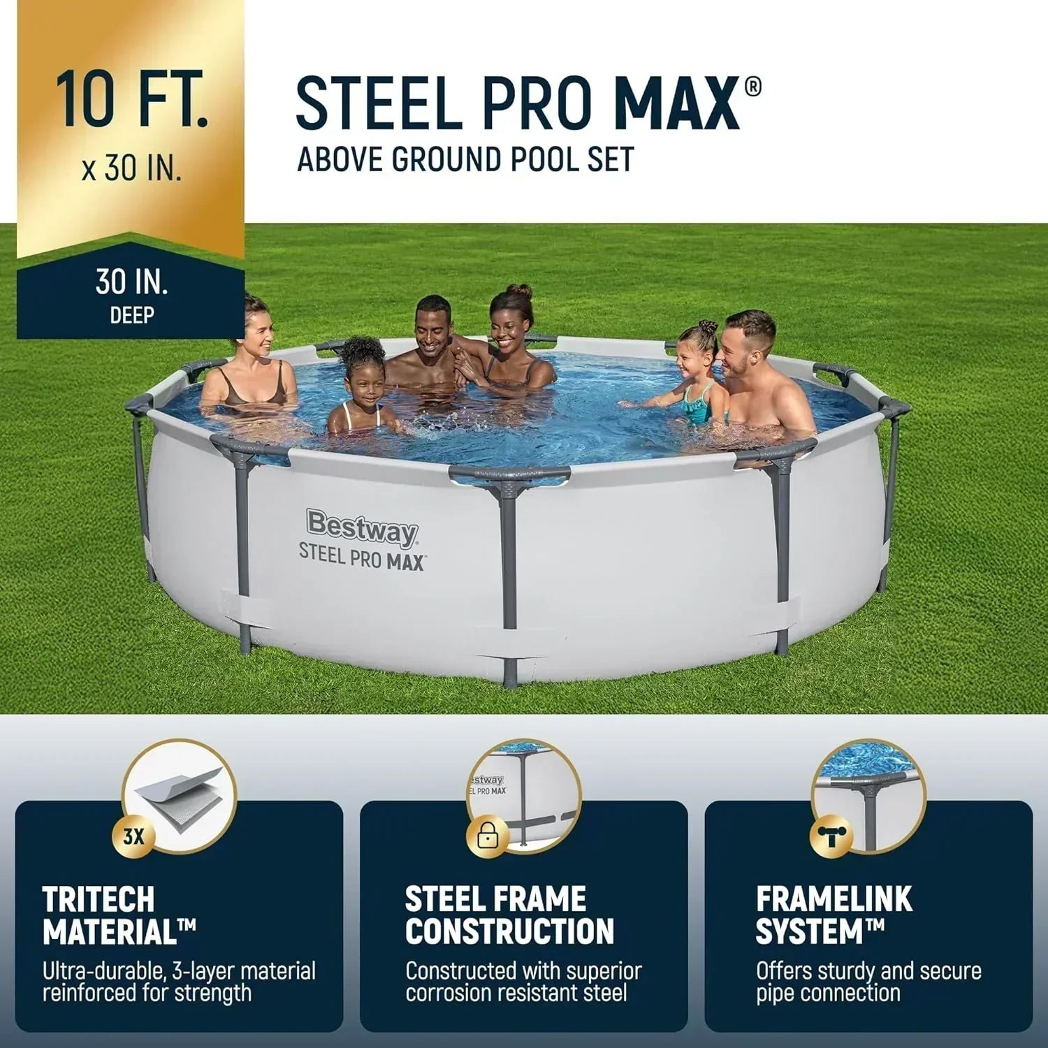 Steel Pro MAX 10 Foot x 30 Inch Round Metal Frame Above Ground Backyard Swimming Pool Set wourant