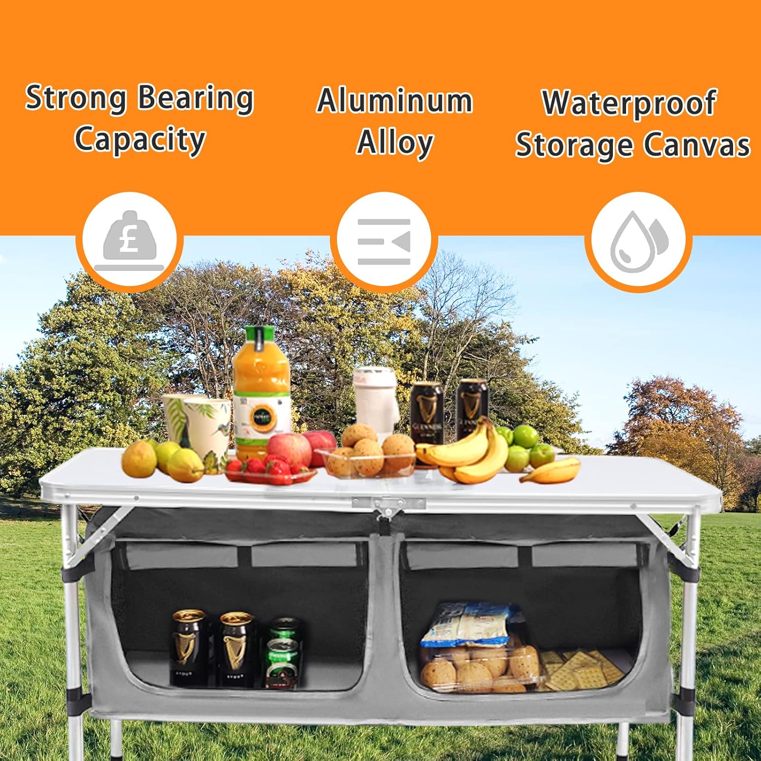 Outdoor Folding Table Aluminum Lightweight Height Adjustable with Storage Organizer wourant