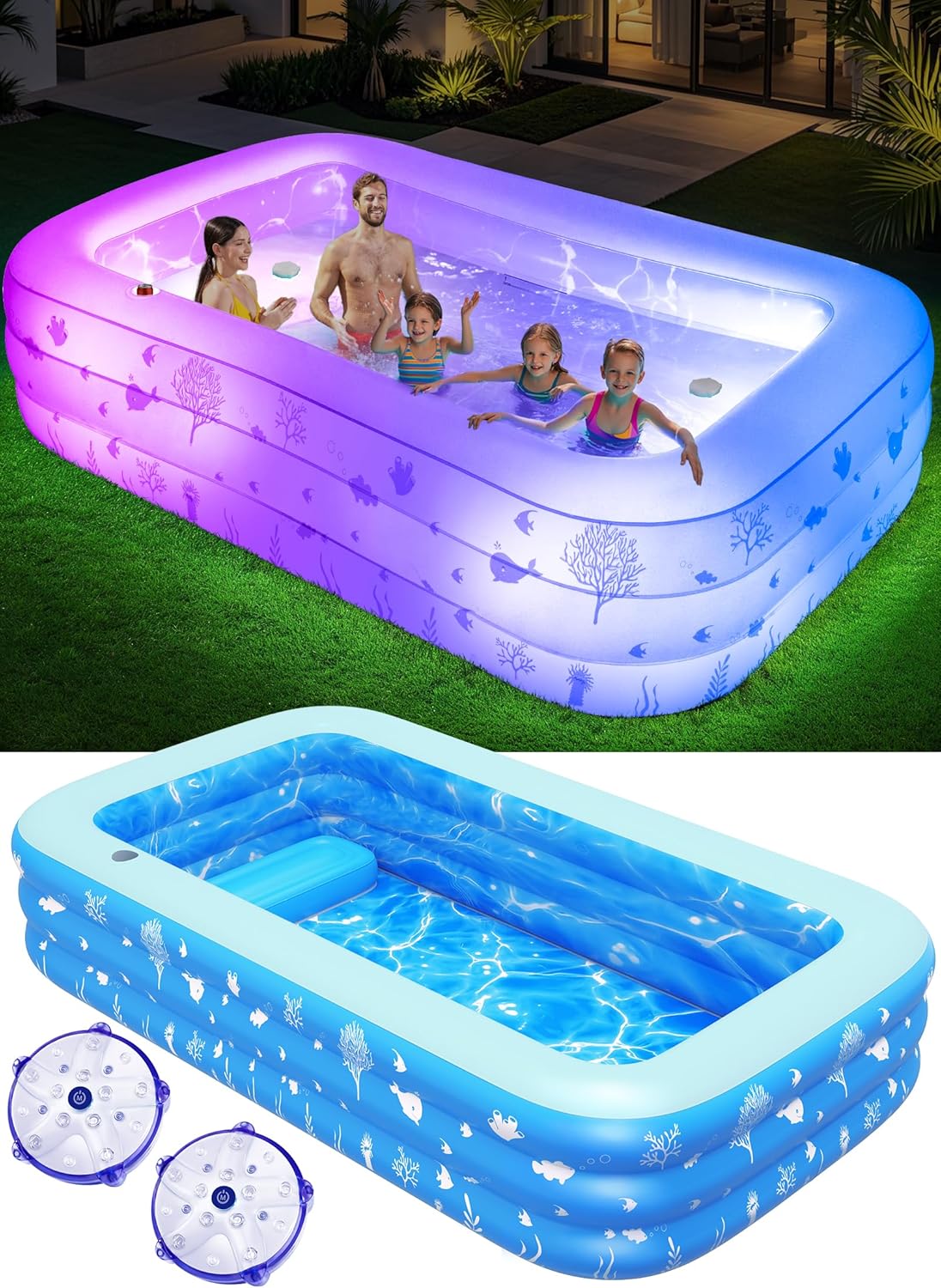 Inflatable Pool with Seat and Pool Lights Durable Thickened Large Size Family Inflatable Pools wourant
