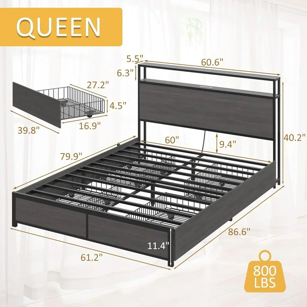 Lifezone Queen Bed Frame 2-Tier Storage Headboard Metal Platform Bed Frame 4 Storage Drawers wourant