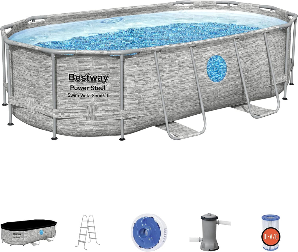 Power Steel 14' x 8'2" x 39.5" Oval Above Ground Pool Set Includes 530gal Filter Pump Ladder wourant