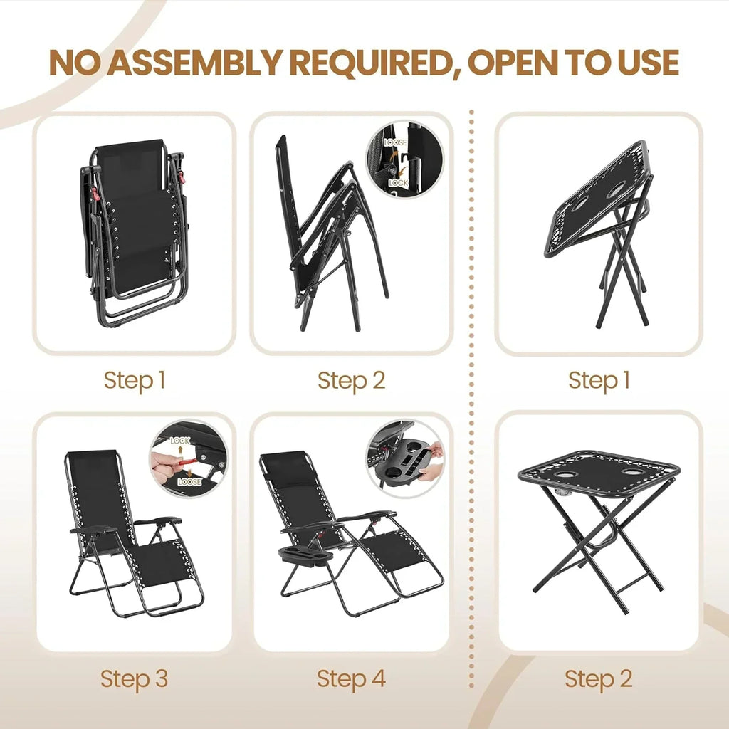3PCS Zero Gravity Recliner Portable Outdoor Reclining Chair Set Side Table Lounge Chairs wourant