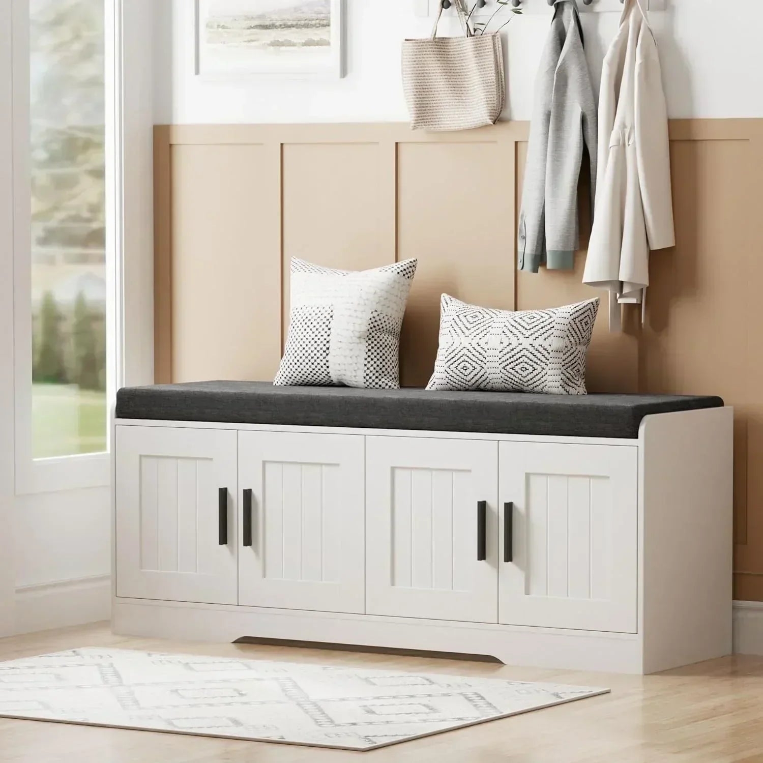 2-Tier Storage Bench Shoe Bench with Thickened Padded Seat Cushion Entryway Bench wourant