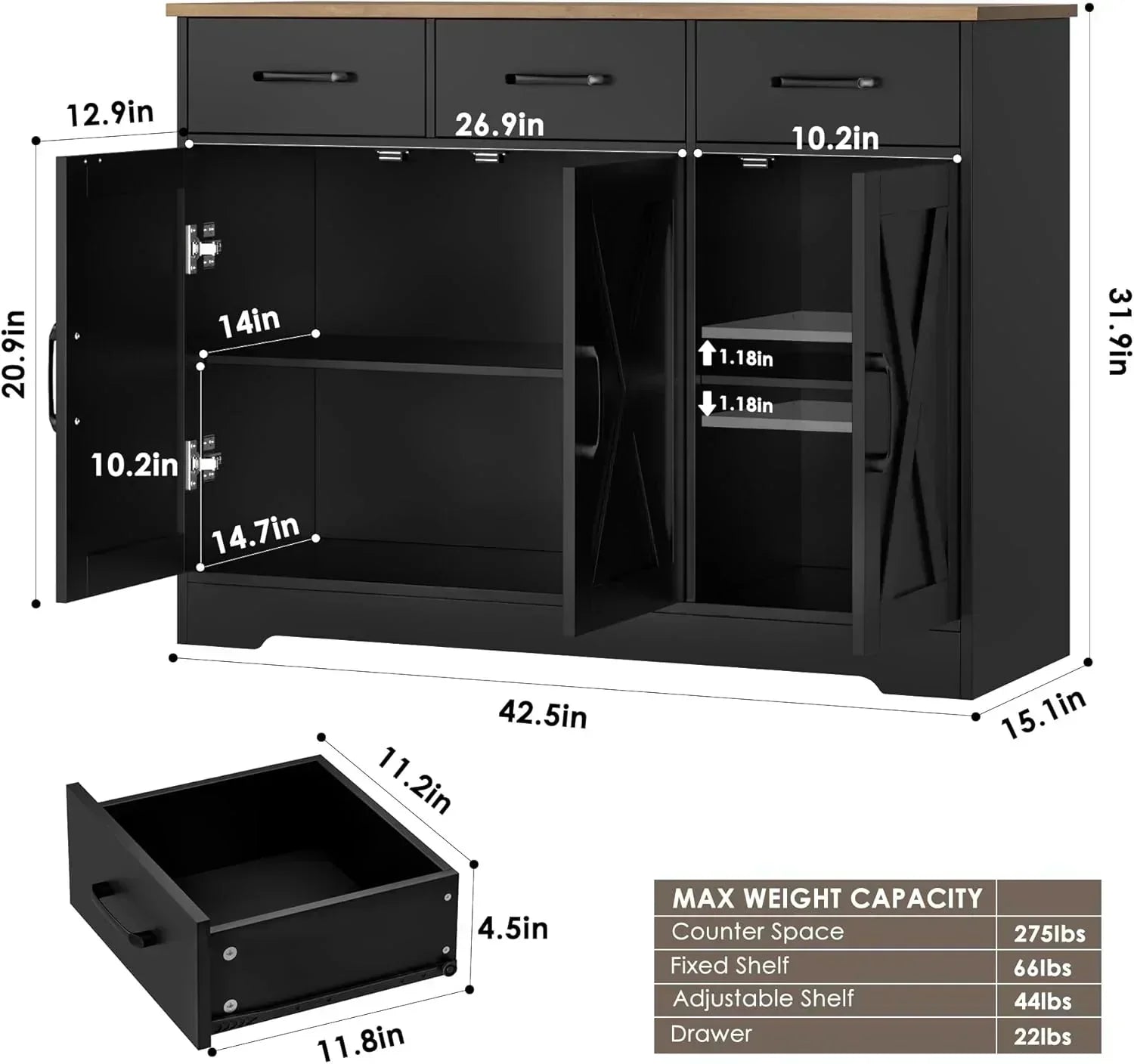 Modern farmhouse sideboard barn door buffet storage cabinet with drawers and shelves wourant