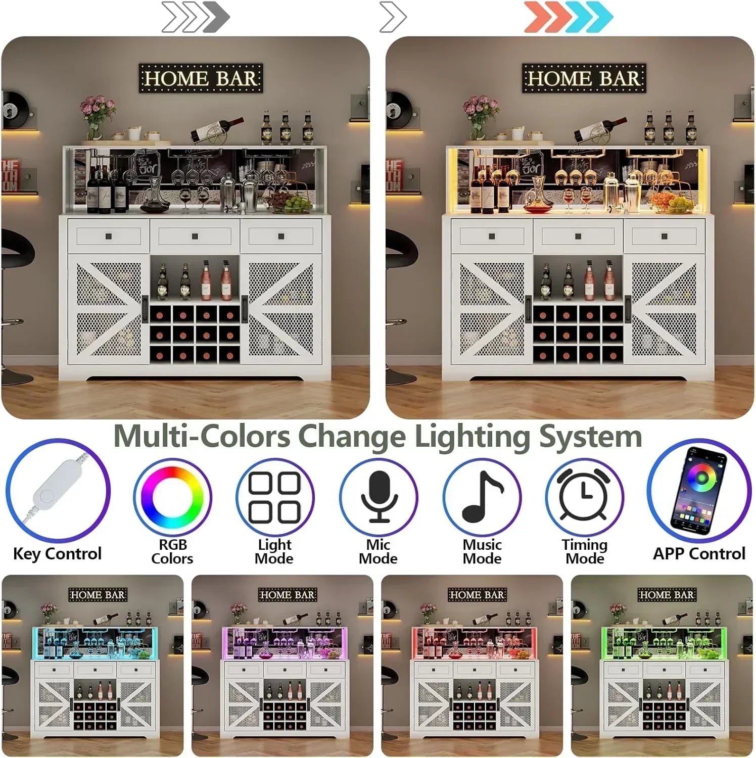 Wine Bar Cabinet with LED Light Liquor Cabinet with Glass Holder Coffee Bar for Liquor wourant