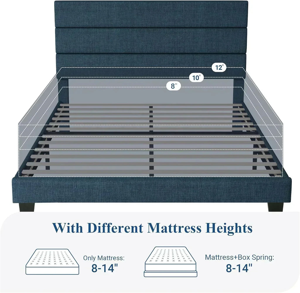 Allewie King size platform bed frame with velvet upholstered headboard and planks wourant