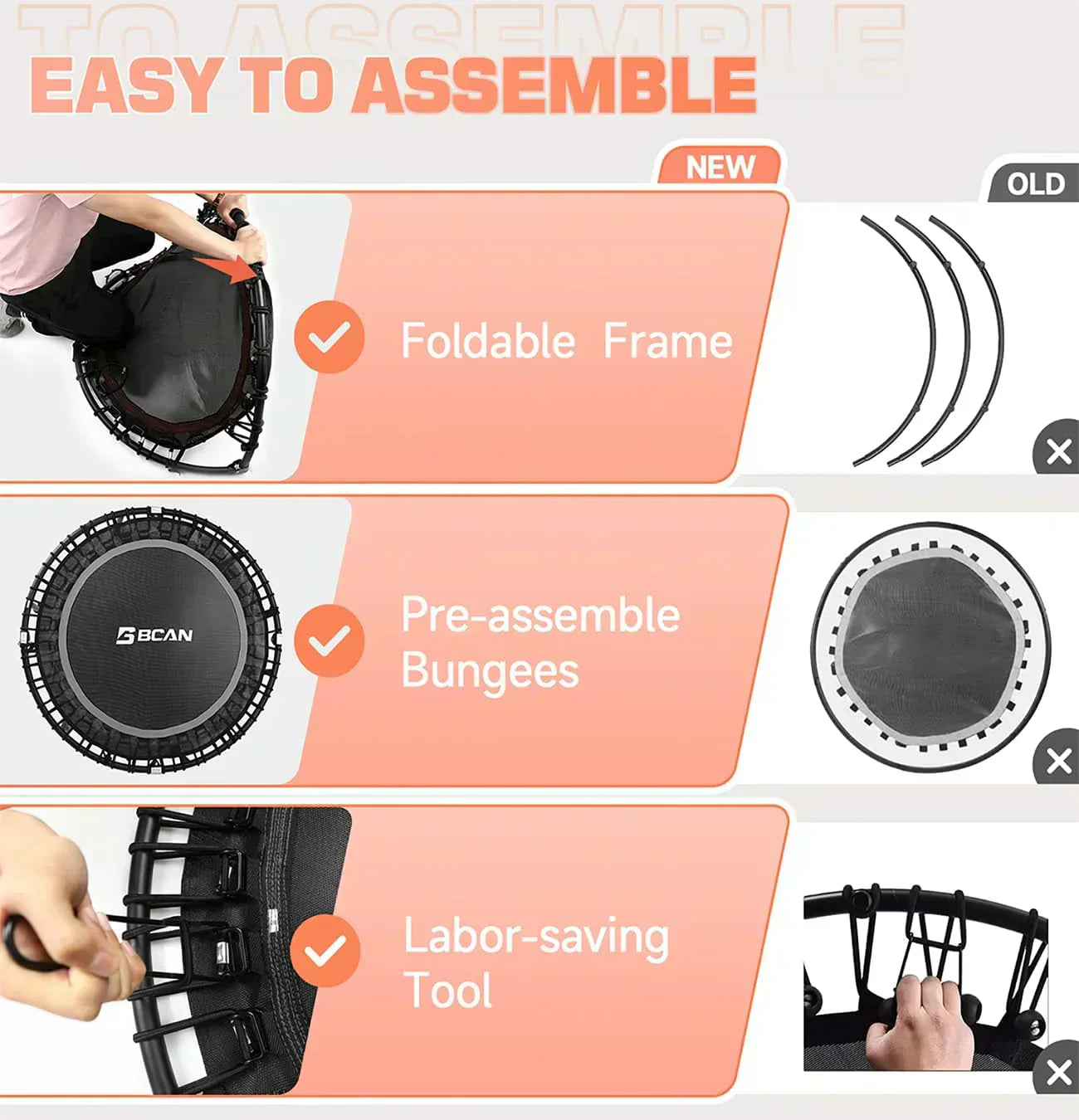 BCAN 450/550 LBS Foldable Mini Trampoline Fitness Trampoline Bungees Adjustable Foam Handle wourant