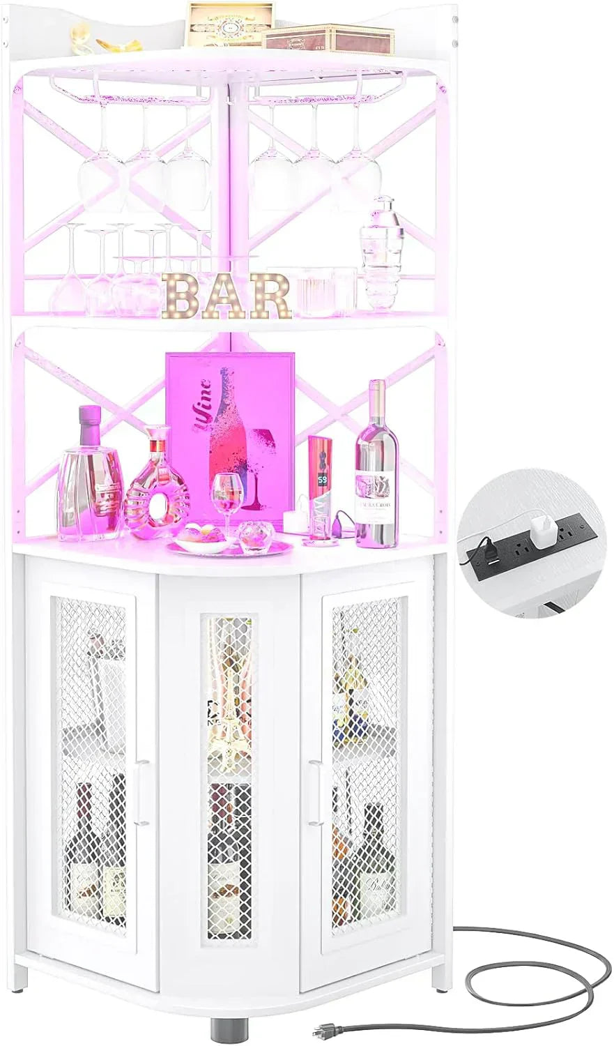 Corner bar cabinet with power socket industrial style wine cabinet light strip and glass rack wourant