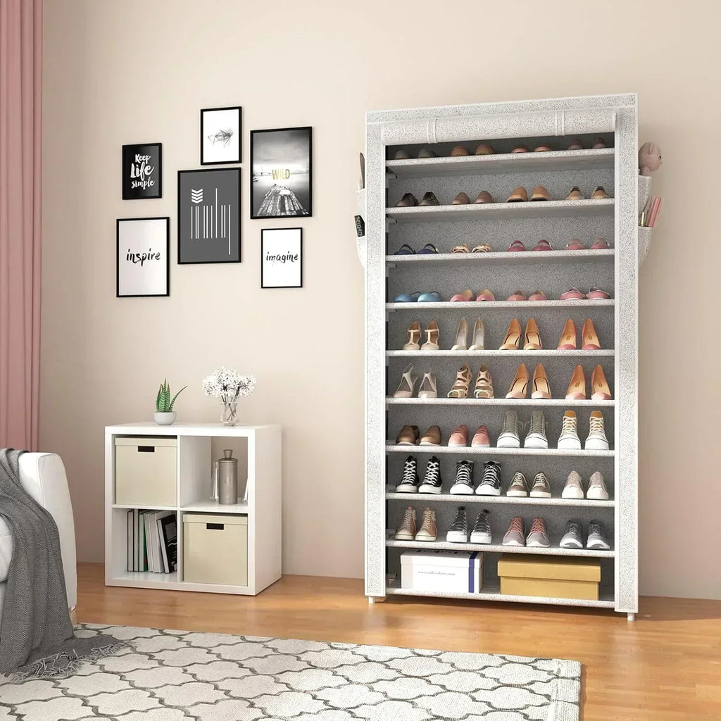 ROJASOP 10 Tier Shoe Rack with Covers Large Capacity Stackable Tall Shoe Shelf Storage wourant