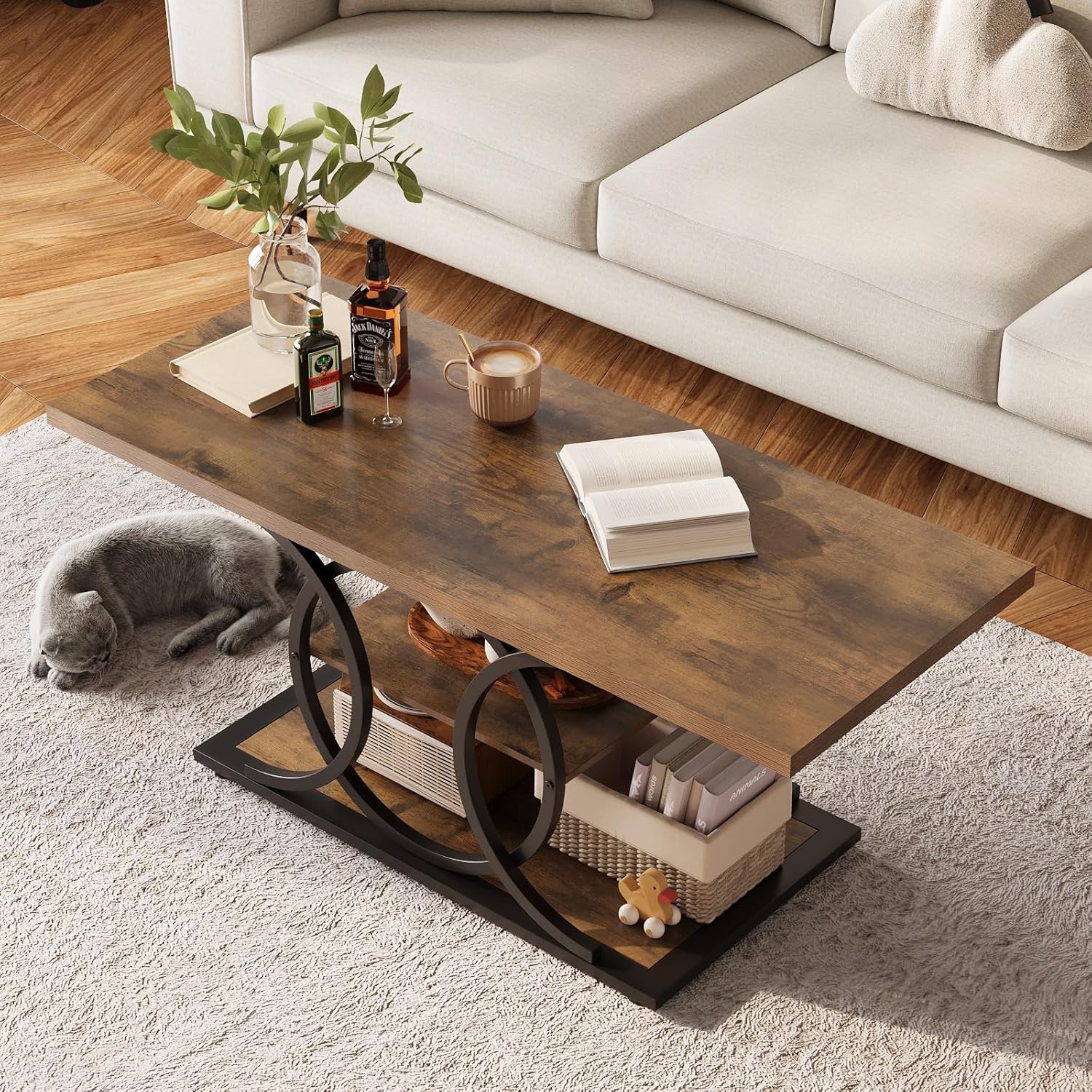 GiftGo Rustic Style Coffee Table Storage Industrial Style Three Tier Centerpiece Living Room Table wourant