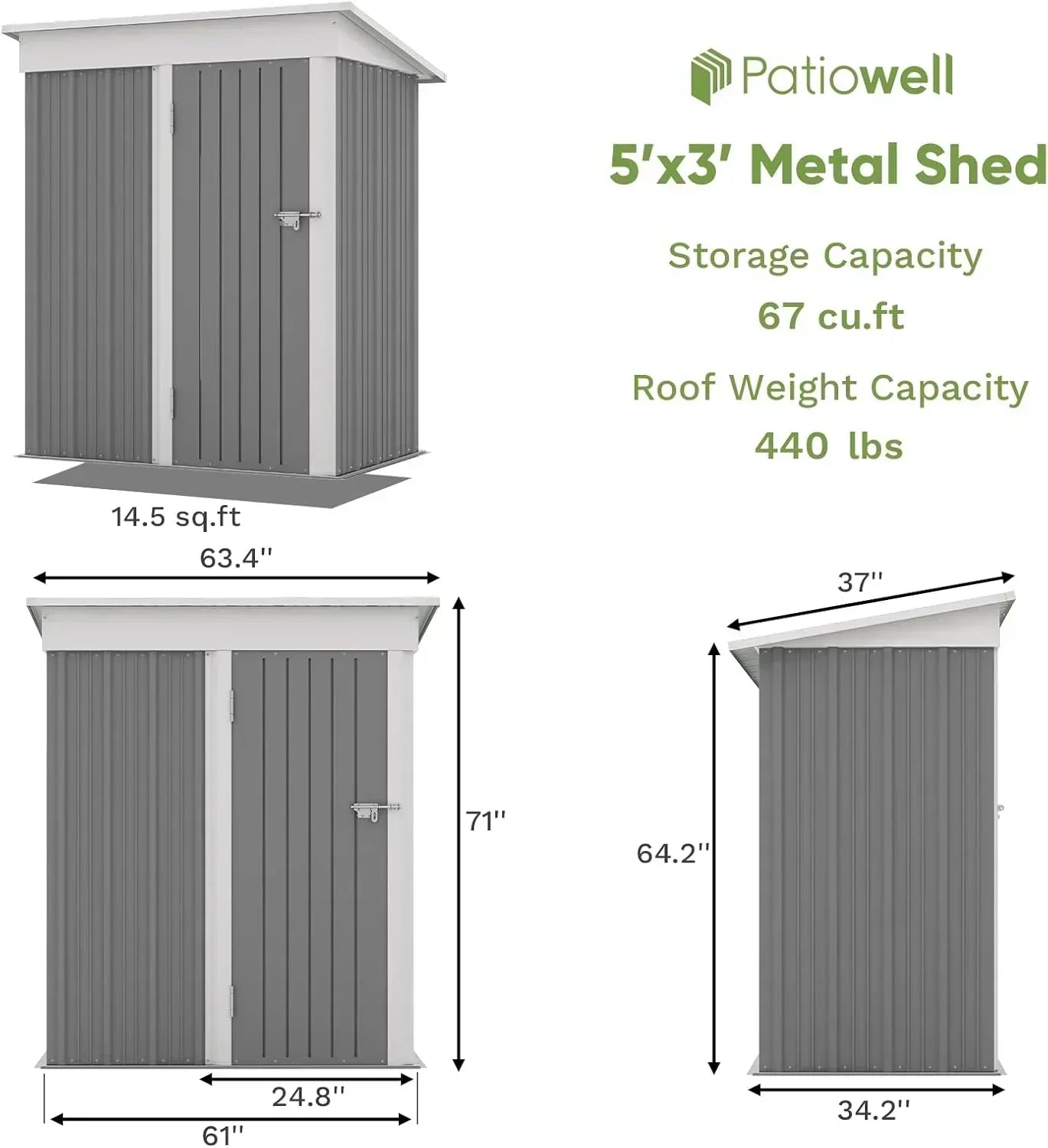 Patiowell 5x3 FT Outdoor Storage Shed Tool Shed with Sloping Roof and Lockable Door Metal Shed wourant