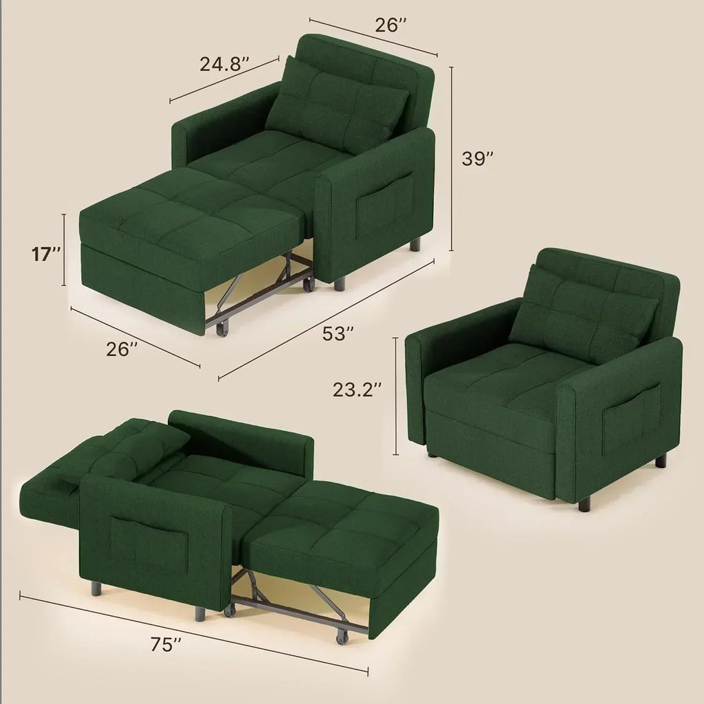 Sofa Bed Chair 3 in 1 Convertible Pullout Single Sleeper Chair Bed Spacious Multifunctional Sofa wourant