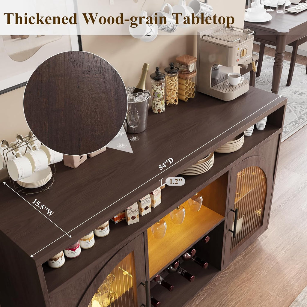 Sideboard 54-inch kitchen cabinet with LED lights and arched glass doors tall bar cabinet wourant