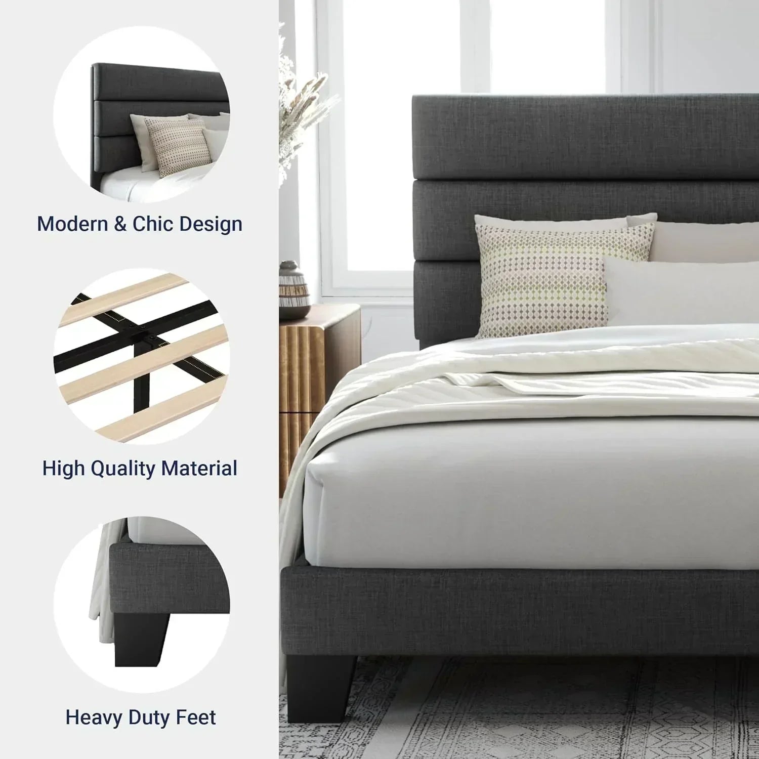 Allewie Queen Size Platform Bed Frame with Fabric Upholstered Headboard Wooden Slats Support wourant