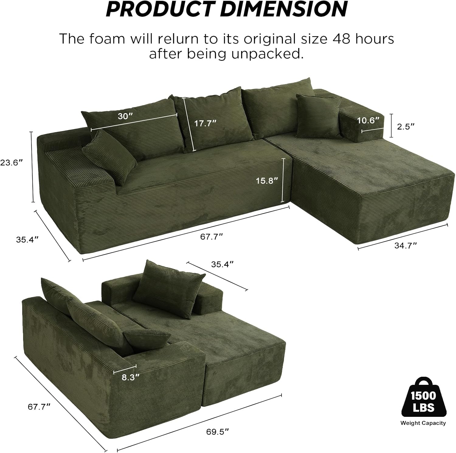 Cloud sofa with L-shaped lounge chair modern modular sofa with deep seats wourant