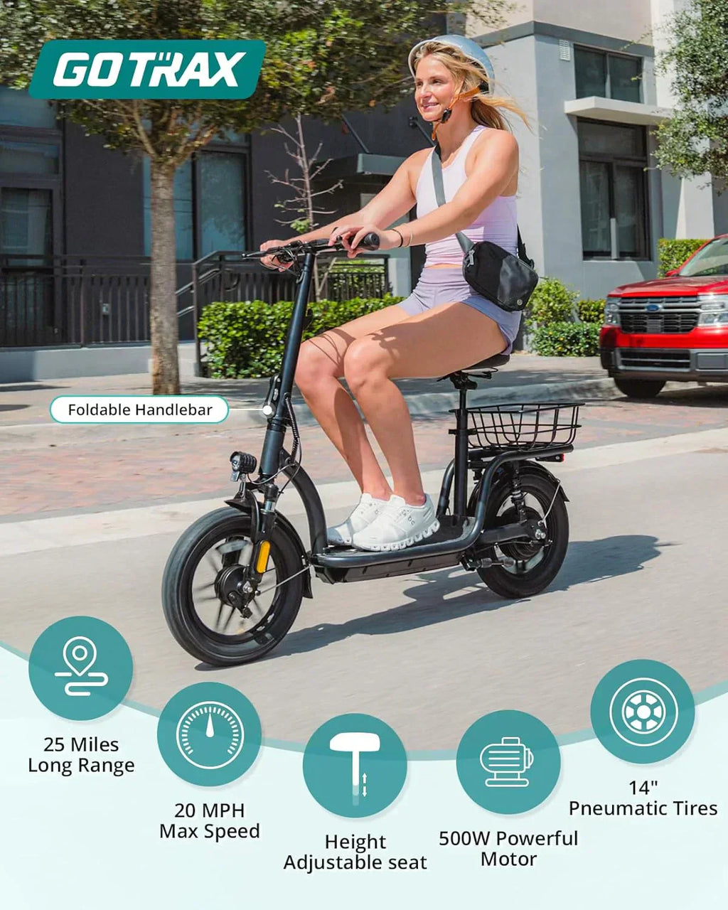 Gotrax adult electric scooter with seat maximum range of 19-25 miles all-terrain tires wide pedals wourant