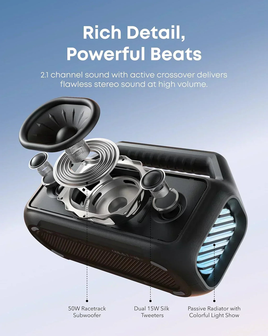 Outdoor Speaker 80W Subwoofer BassUp 2.0 24H Playtime IPX7 Waterproof Floatable RGB Lights wourant