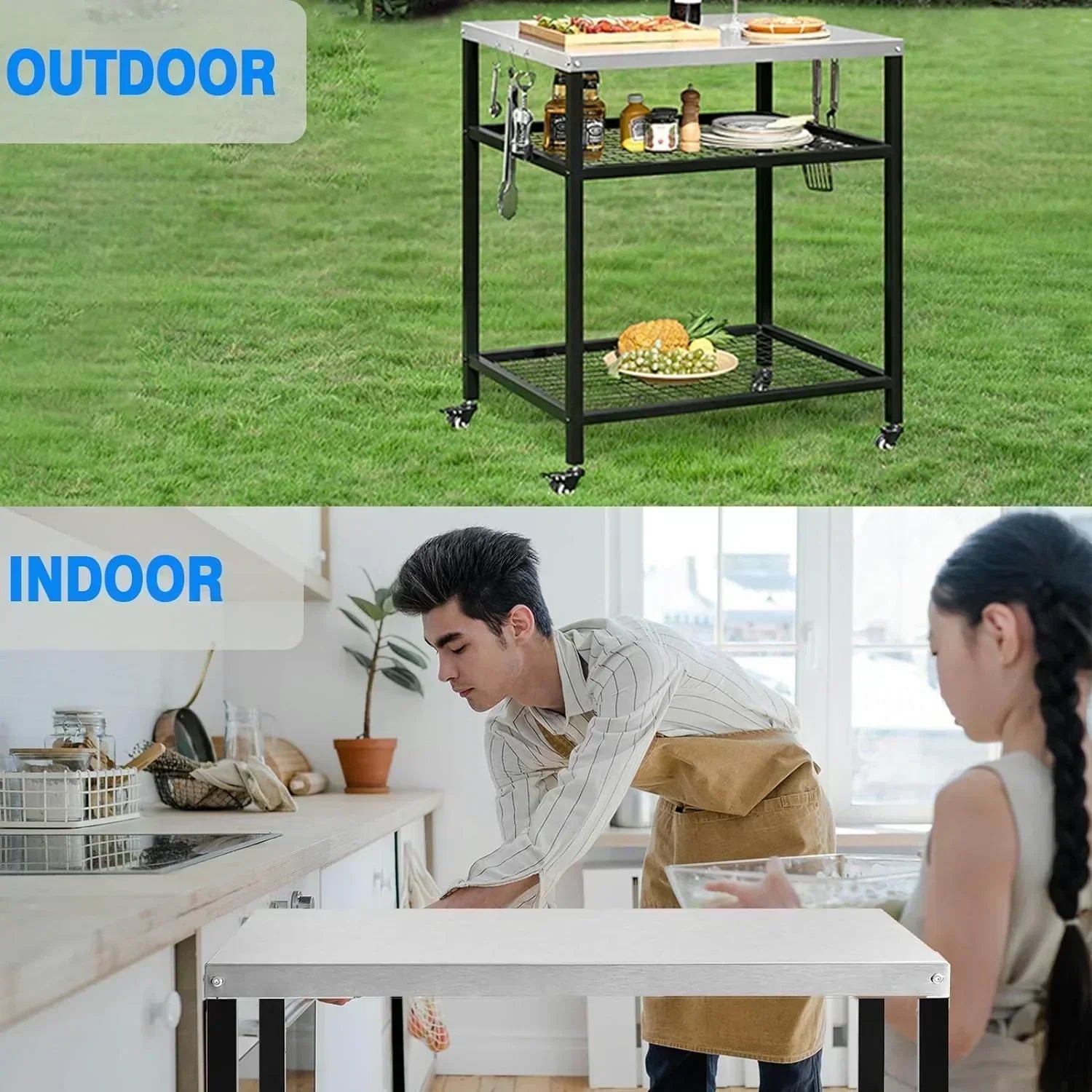 Stainless Steel Outdoor Grill Cart Pizza Oven Stand Trolley Table with Wheels Three-Shelf wourant