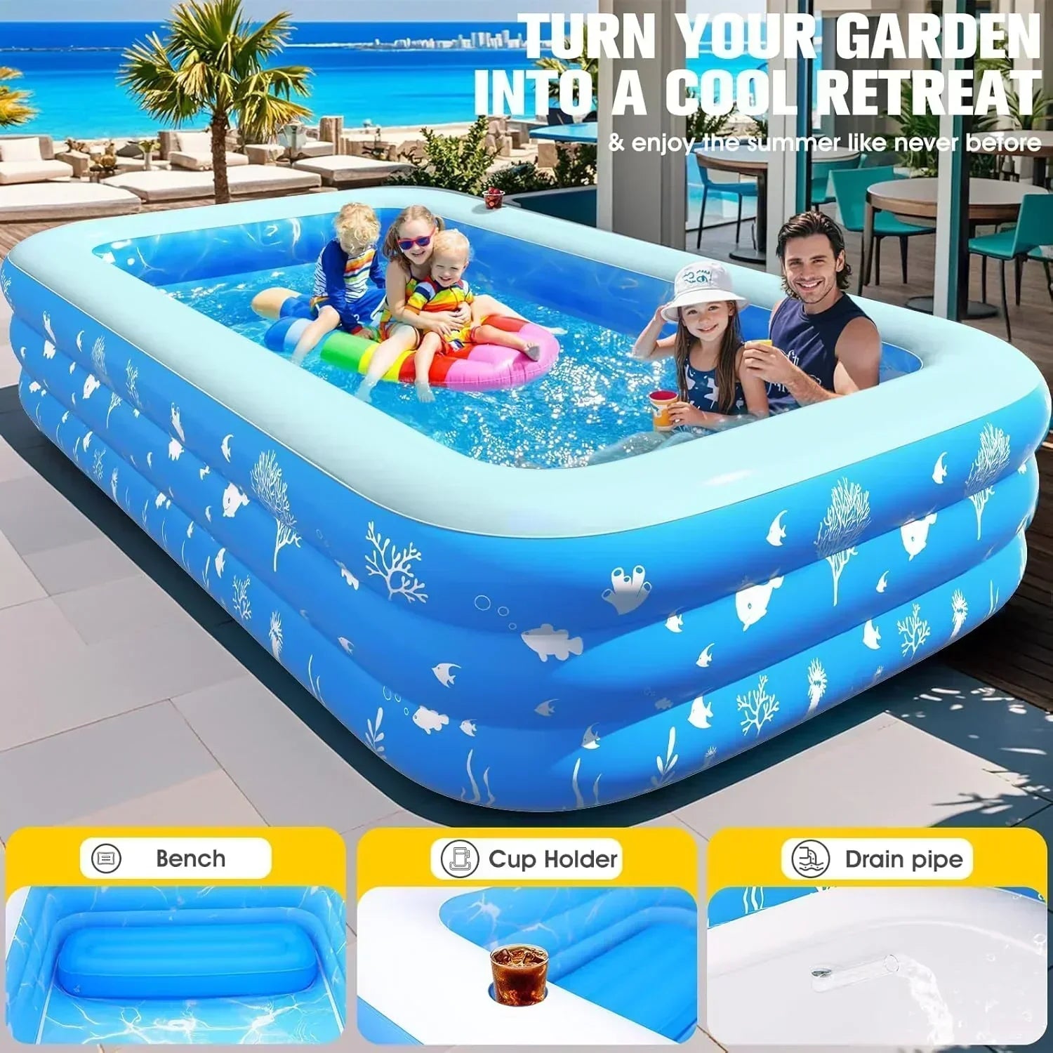 Inflatable Pool with Seat and Pool Lights Durable Thickened Large Size Family Inflatable Pools wourant