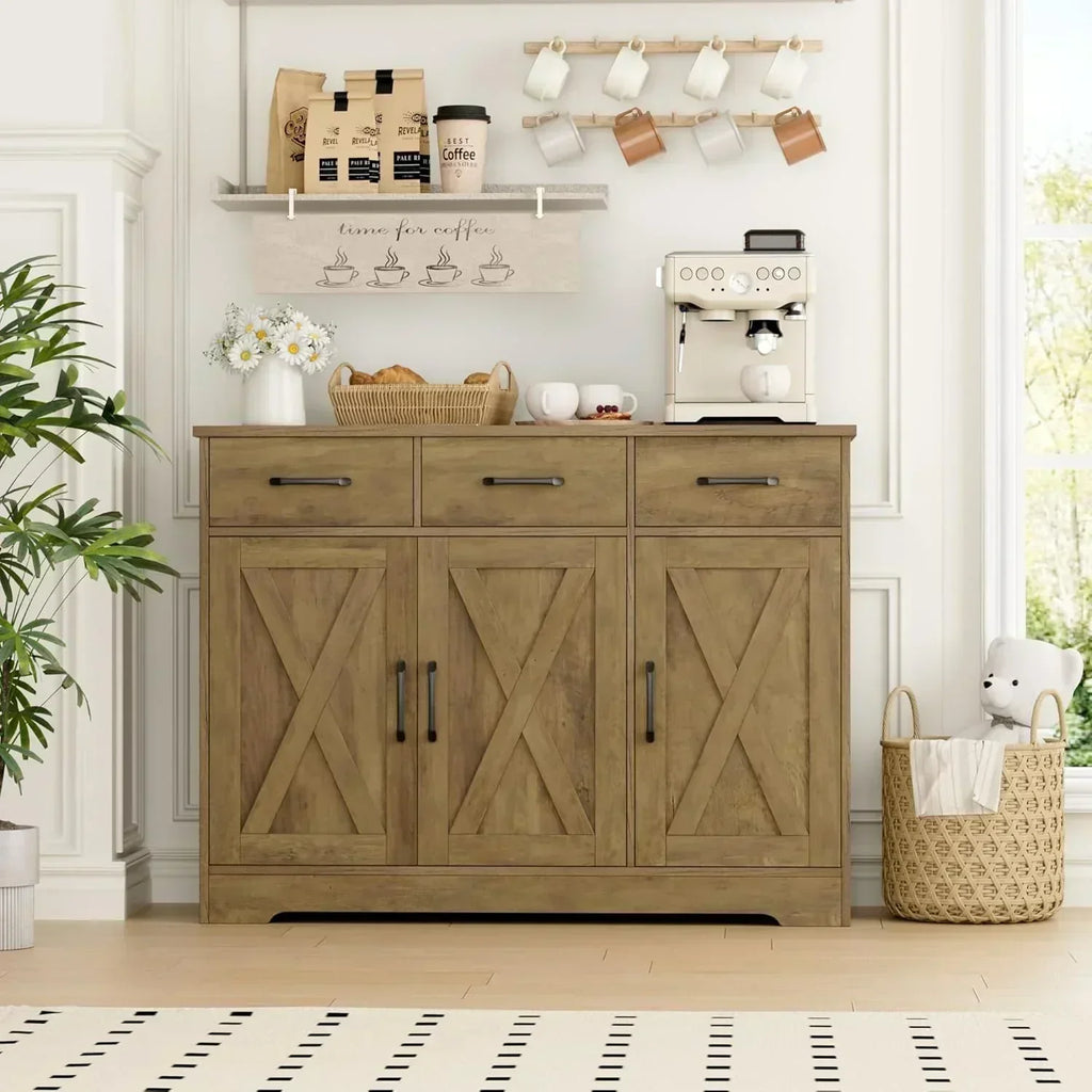 Modern farmhouse sideboard barn door buffet storage cabinet with drawers and shelves wourant