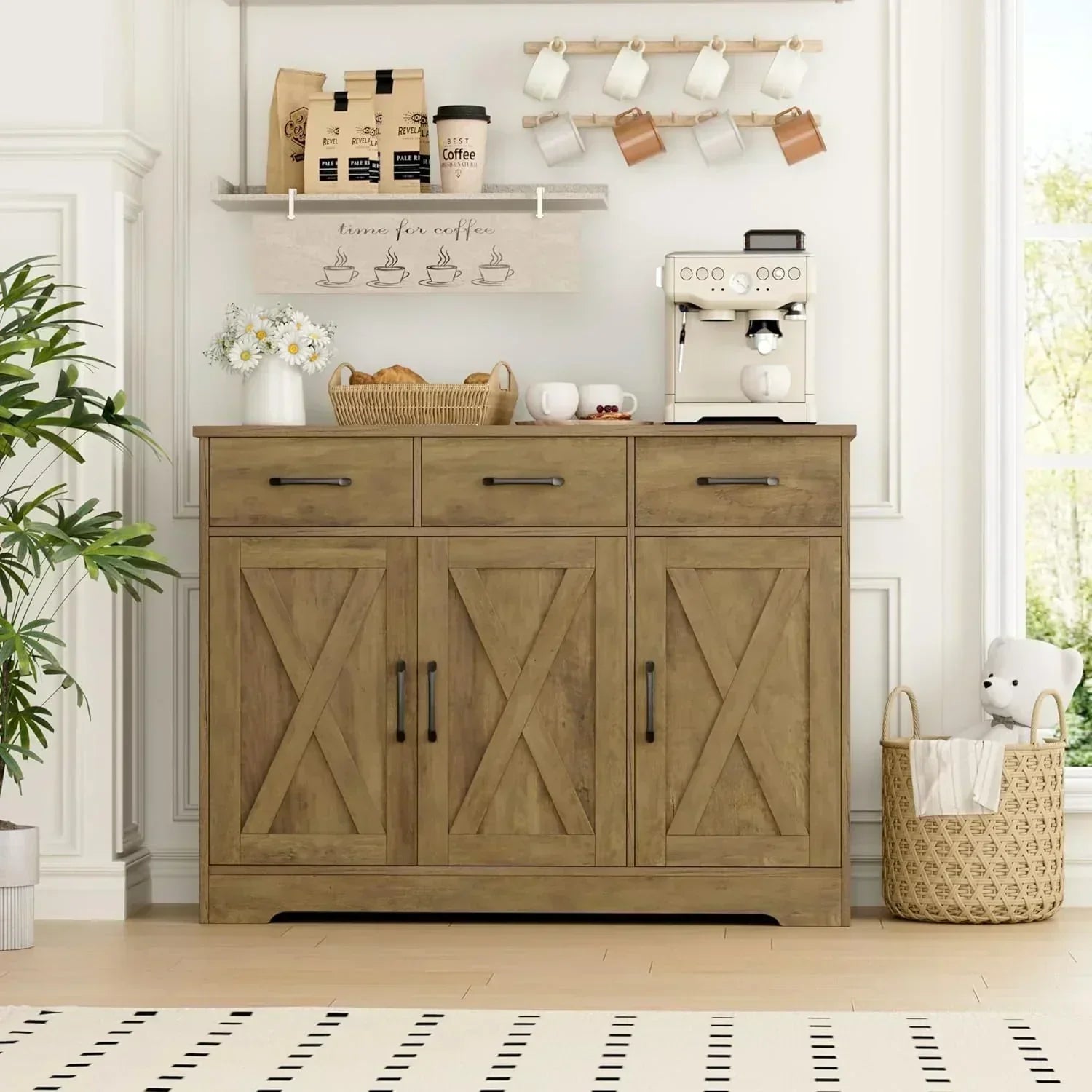 Modern farmhouse sideboard barn door buffet storage cabinet with drawers and shelves wourant