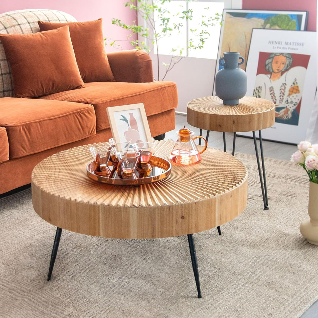 Two-Piece Modern Farmhouse Living Room Coffee Table Set Round Nesting Tables wourant