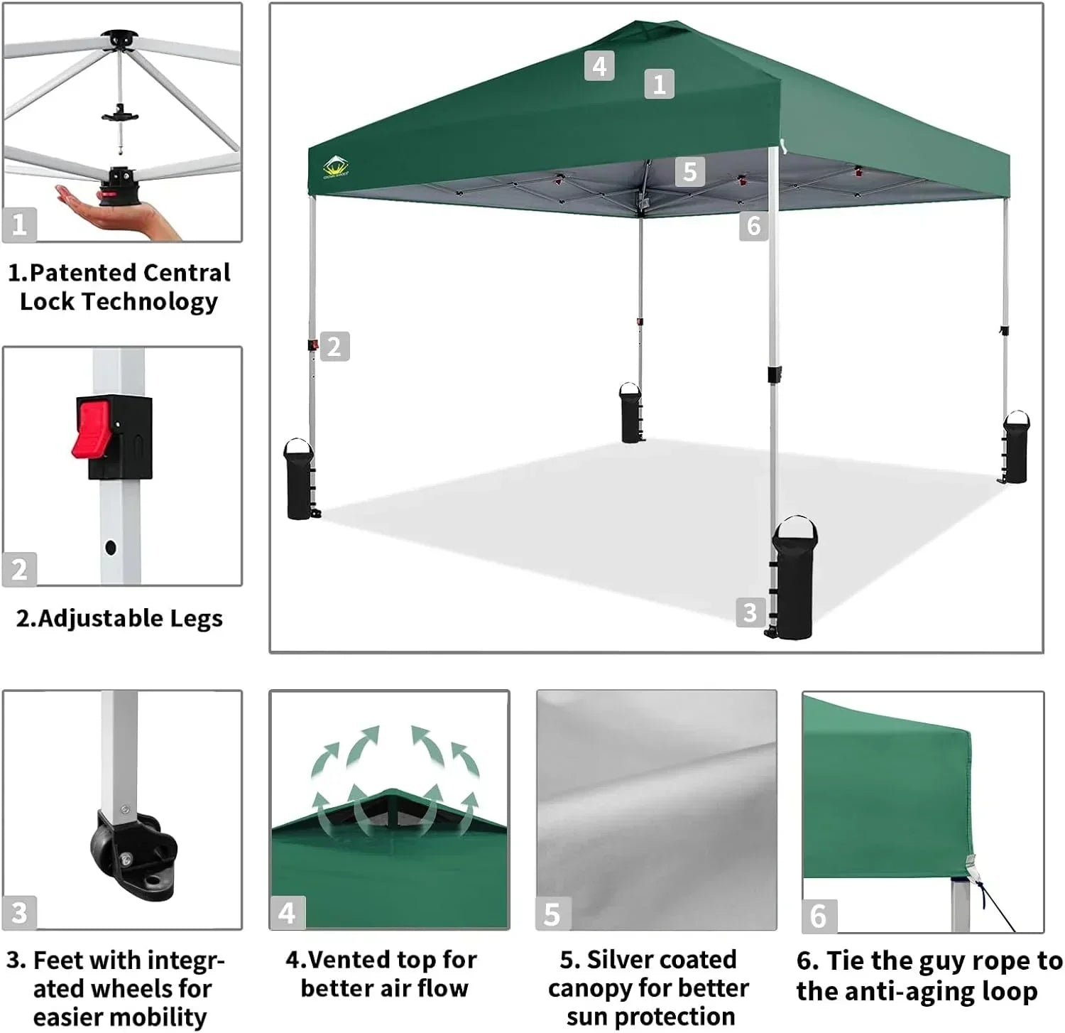 10x10 Pop-Up Awning One-Click Installation Beach Tent Outdoor Sunshade Silver Coated Top wourant