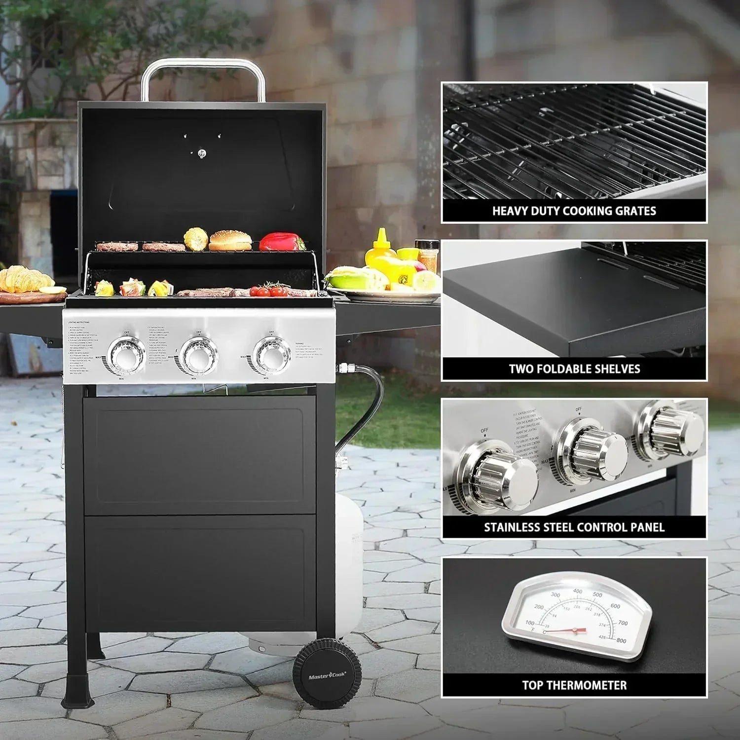 3 Burner BBQ Propane Gas Grill Stainless Steel 30,000 BTU Patio Garden Barbecue Grill wourant