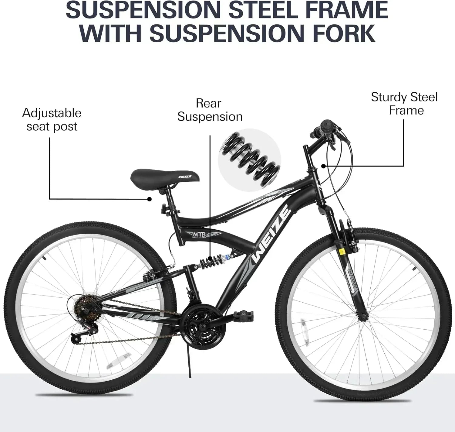 WEIZE Mountain Bike 26 27.5 inch Outdoor Hybrid Bikes 18-Speed High-Carbon Steel Full Suspension wourant