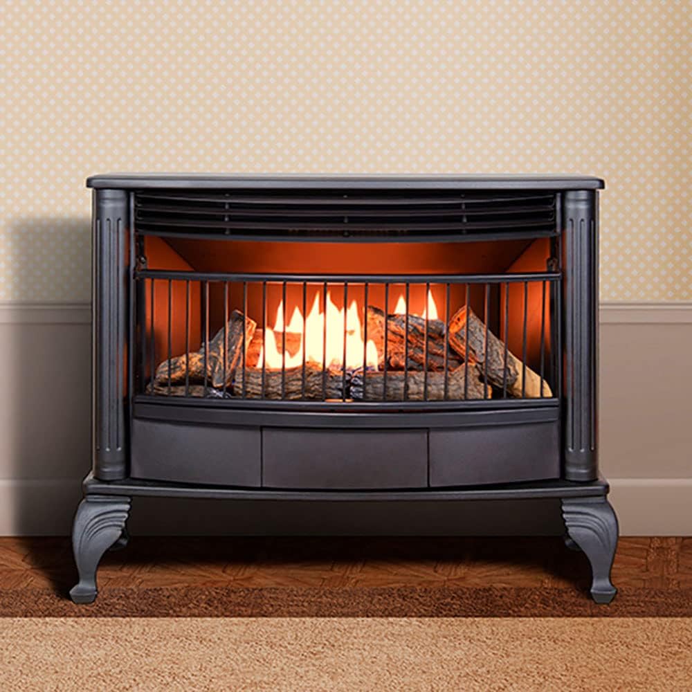 Vent-free 25000 BTU space-saving freestanding dual-fuel fireplace with thermostat control wourant