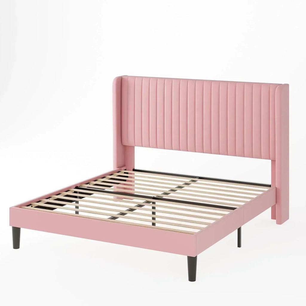 Allewie Full Size Velvet Bed Frame Vertical Channel Tufted Wingback Headboard Upholstered Bed wourant