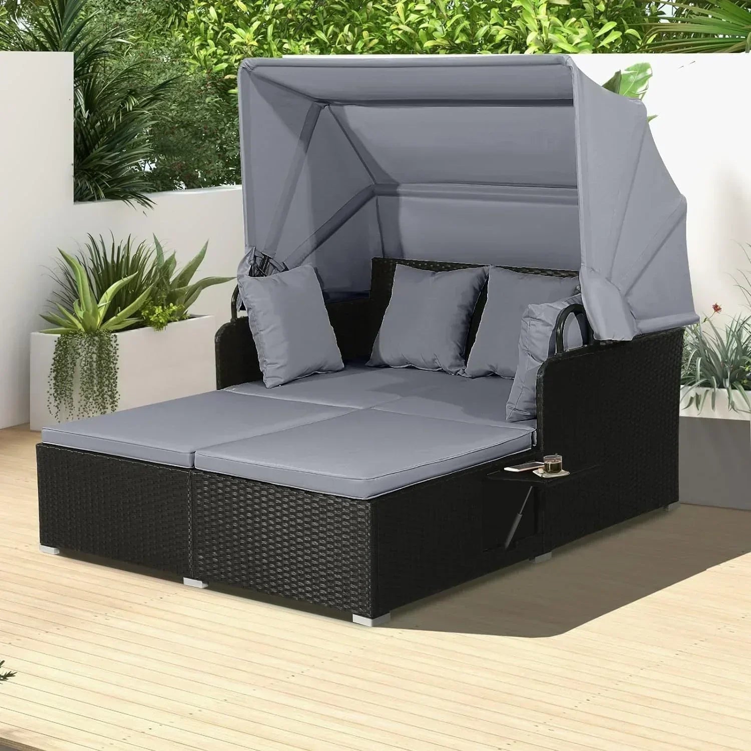RELAX4LIFE Patio Outdoor Daybed with Canopy Wicker Sunbed Cushions 4 Pillows wourant