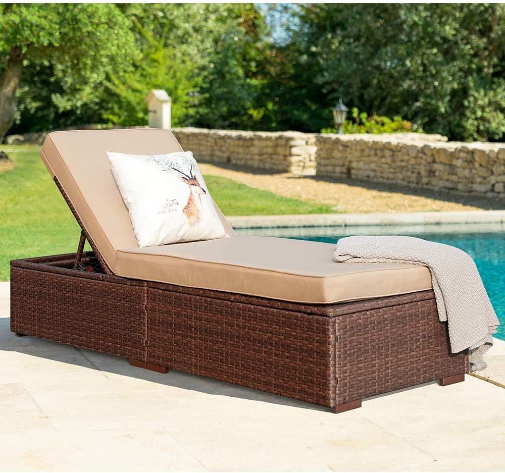 Patiorama Outdoor Patio Lounge Chair Elegant Reclining Adjustable Pool Rattan Chaise Chair wourant