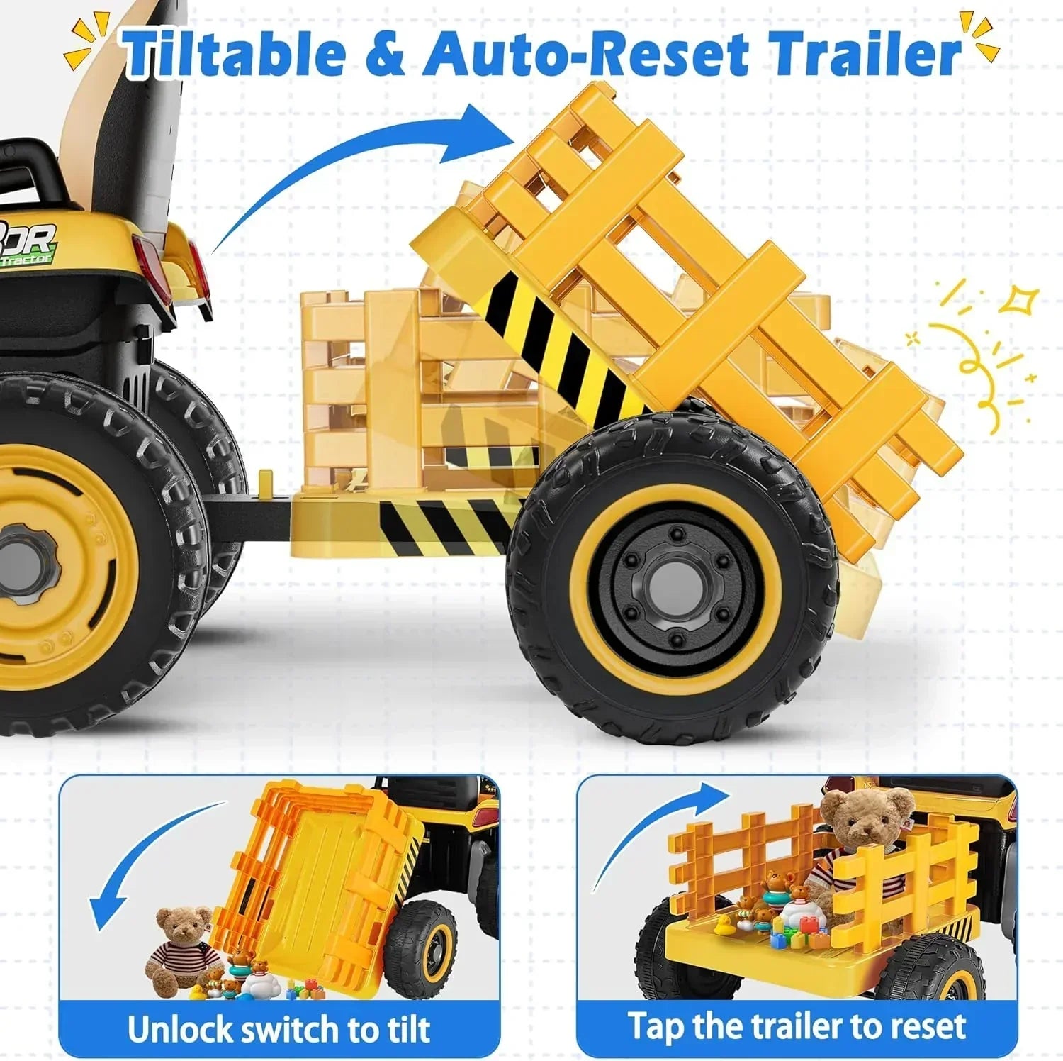 24V Ride On Tractor Tiltable Detachable Trailer 2x65W Motors EVA Tires Remote Control wourant
