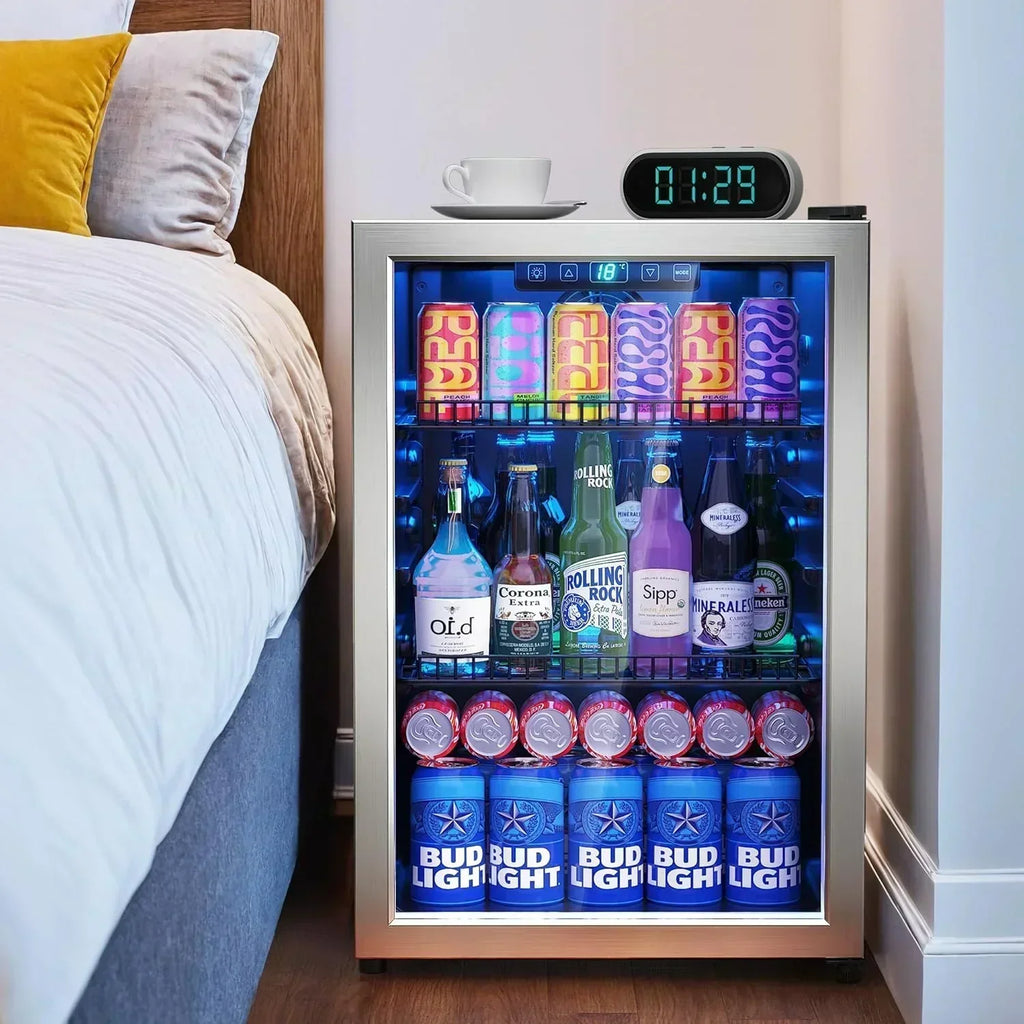 Beverage Refrigerator Cooler-120 Cans Freestanding Mini Fridge Cooler with Glass Door wourant