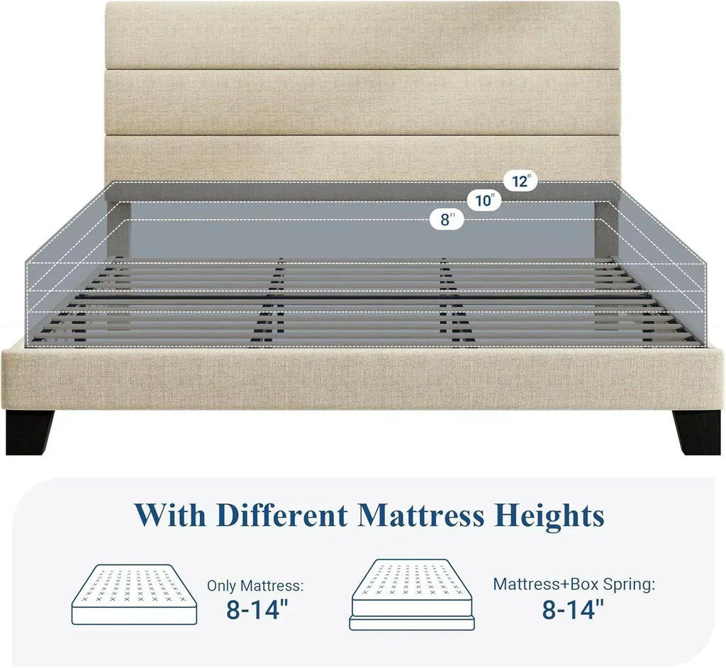 Allewie King size platform bed frame with velvet upholstered headboard and planks wourant