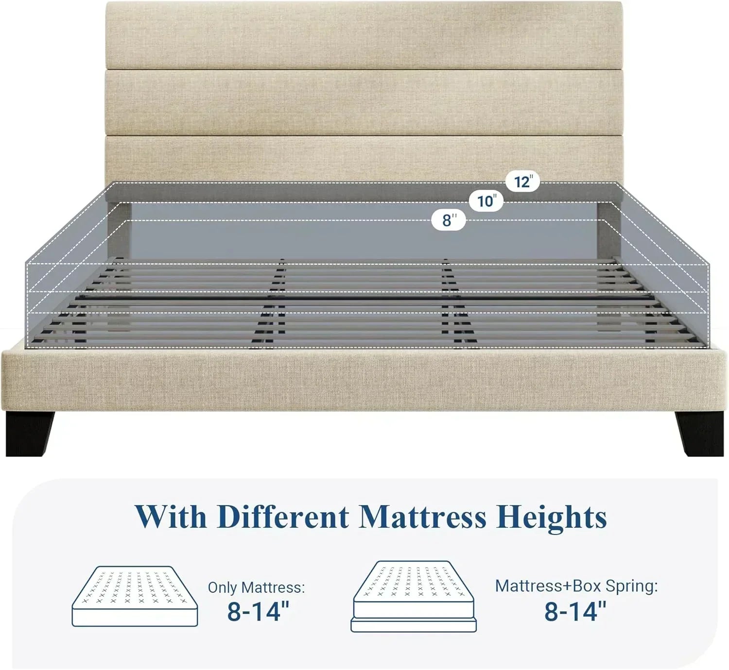 Allewie King size platform bed frame with velvet upholstered headboard and planks wourant