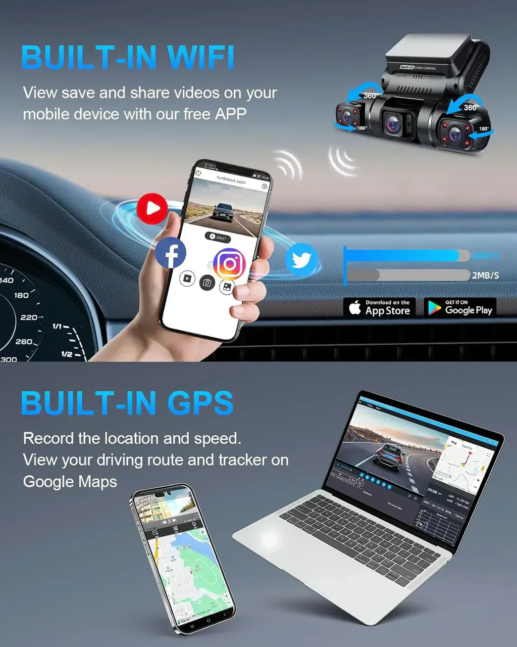 PRUVEEO 360-degree view car dash cam built-in GPS WiFi recording parking mode monitor wourant