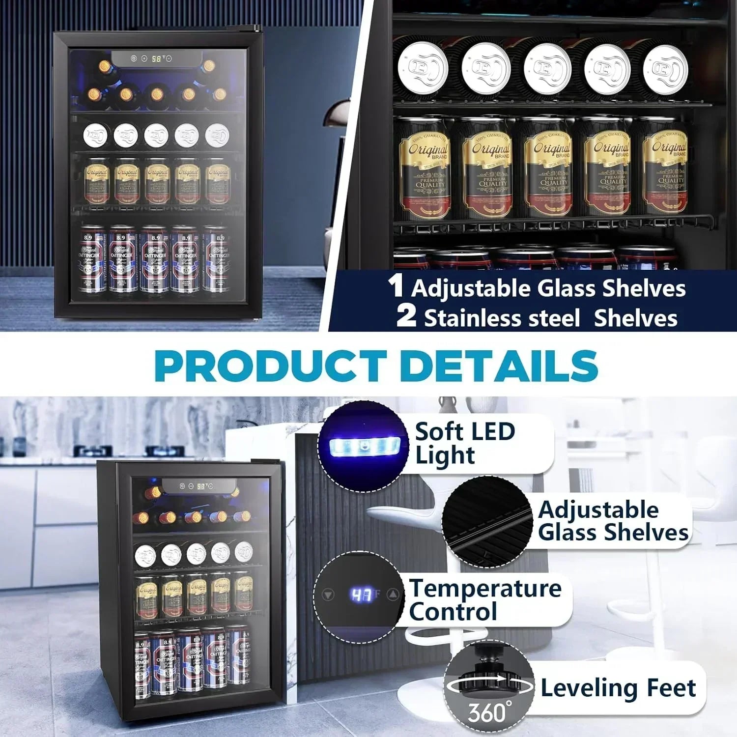 Mini Fridge 130 Can Beverage Refrigerator Cooler Drink Fridge Adjustable Temperature Control wourant