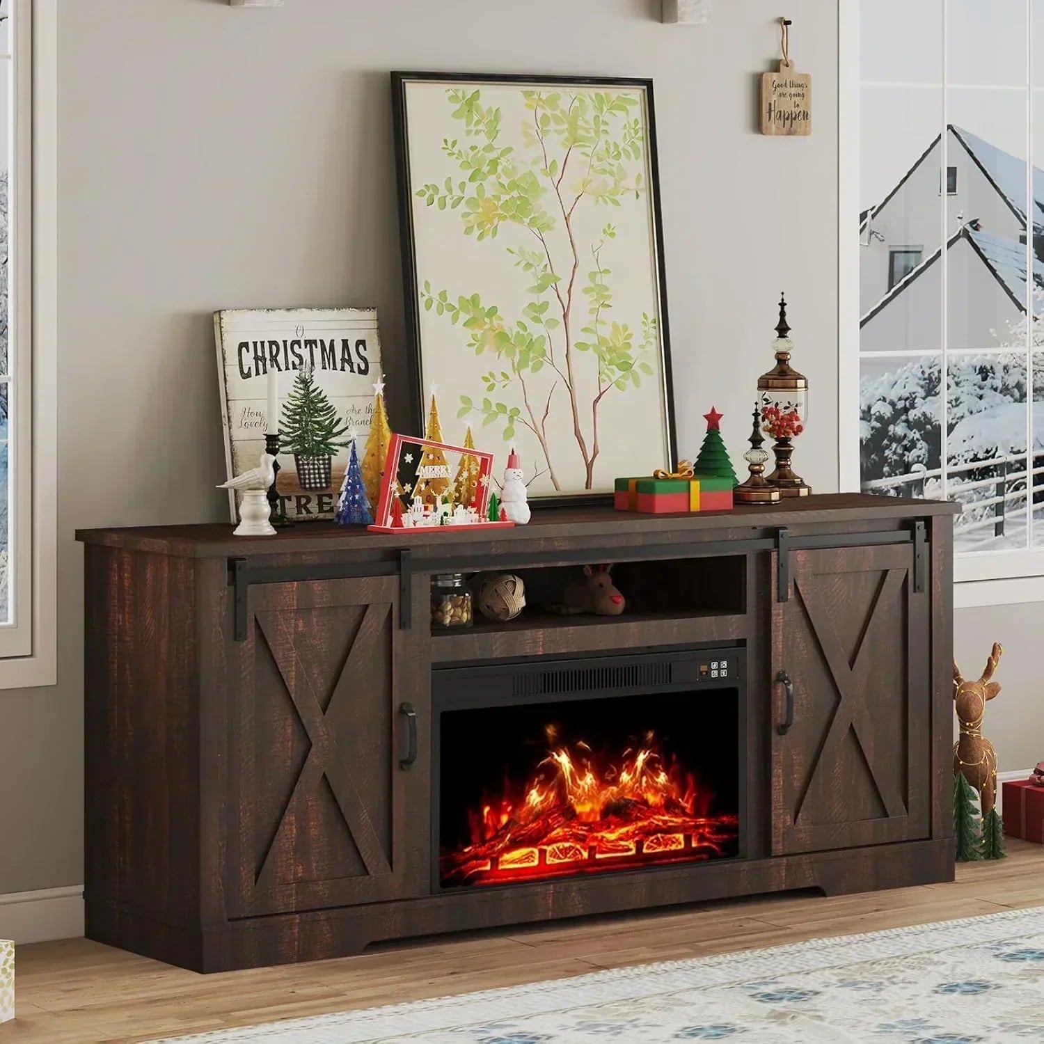 AMERLIFE Fireplace TV Stand with Sliding Barn Door  Farmhouse 63" Fireplace Entertainment Center wourant