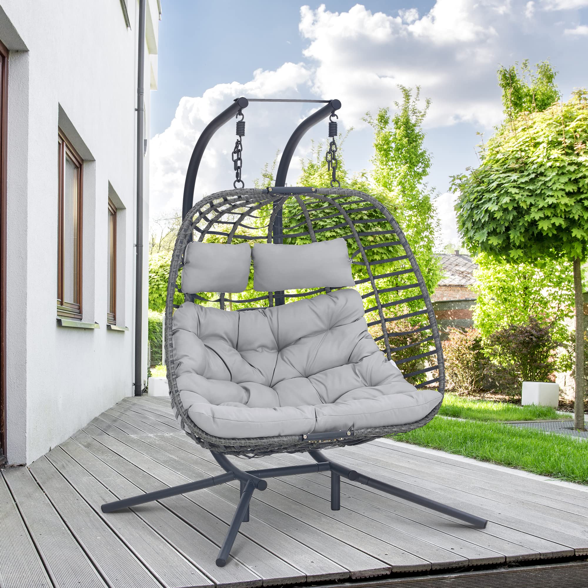 Double Swing Egg Chair with Stand Large Hand-Woven Wicker Rattan Hanging Chair for 2 People wourant
