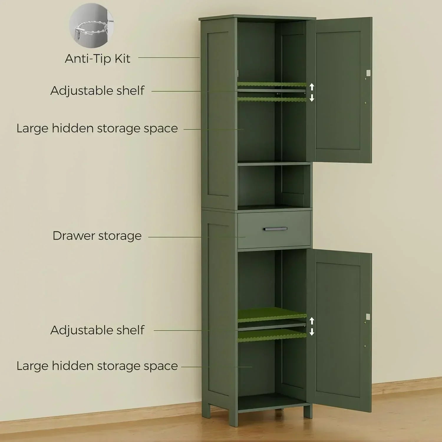 Homhedy 67" H Tall Bathroom Storage Cabinet with 2 Barn Doors and 1 Drawer Narrow Storage Unit wourant