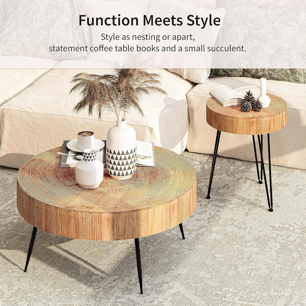 Two-Piece Modern Farmhouse Living Room Coffee Table Set Round Nesting Tables wourant