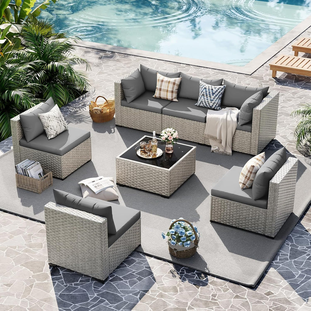 UDPATIO Outdoor Patio Furniture Set 7-Piece PE Wicker Sectional Sofa Outdoor Conversation Set wourant