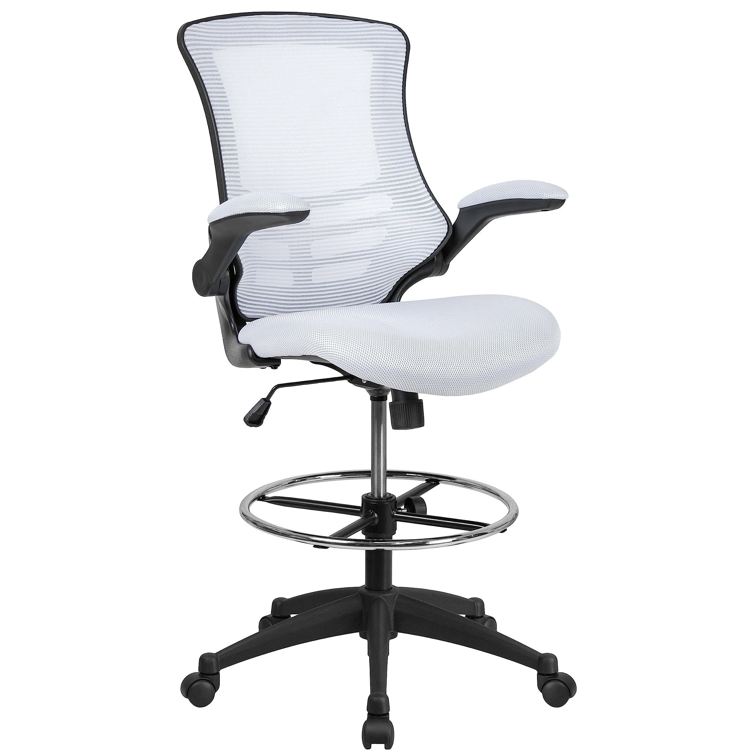 Kelista Mid-Back Black Mesh Ergonomic Drafting Chair | Adjustable Foot Ring, Flip-Up Arms | Comfort and Productivity wourant